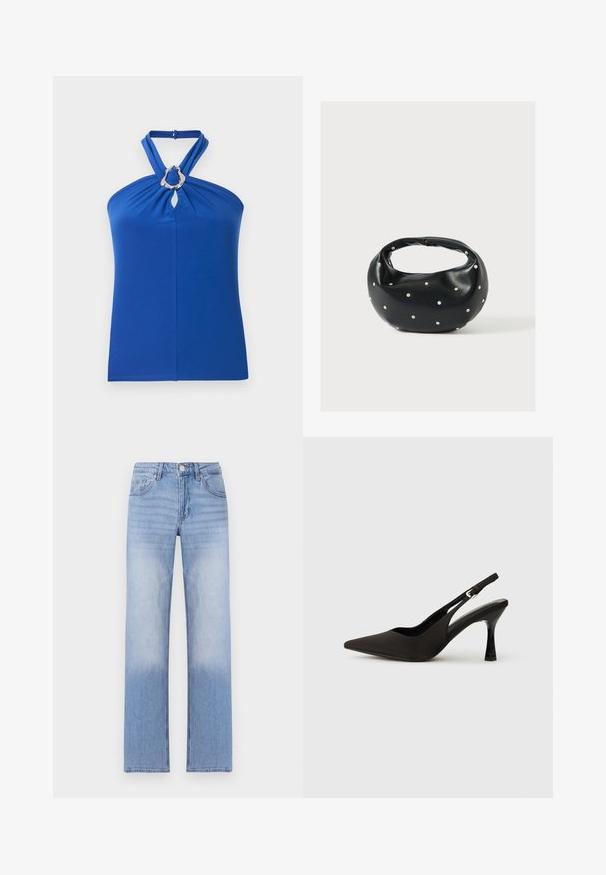 Haut licou bleu avec bretelles torsadées et détail anneau ovale argenté au niveau de l'encolure, en tissu lisse.; Jean en denim bleu clair avec une coupe droite, présentant un délavage aux extrémités et un style classique à cinq poches.; Chaussures à talons noires avec une bride, à bout pointu, finition mate lisse et talon fin brillant. Sangle ajustable avec petit détail de boucle.; Sac à main en cuir noir de forme arrondie, décoré de clous argentés et équipé d'une poignée courte. Texture lisse et fermeture éclair.