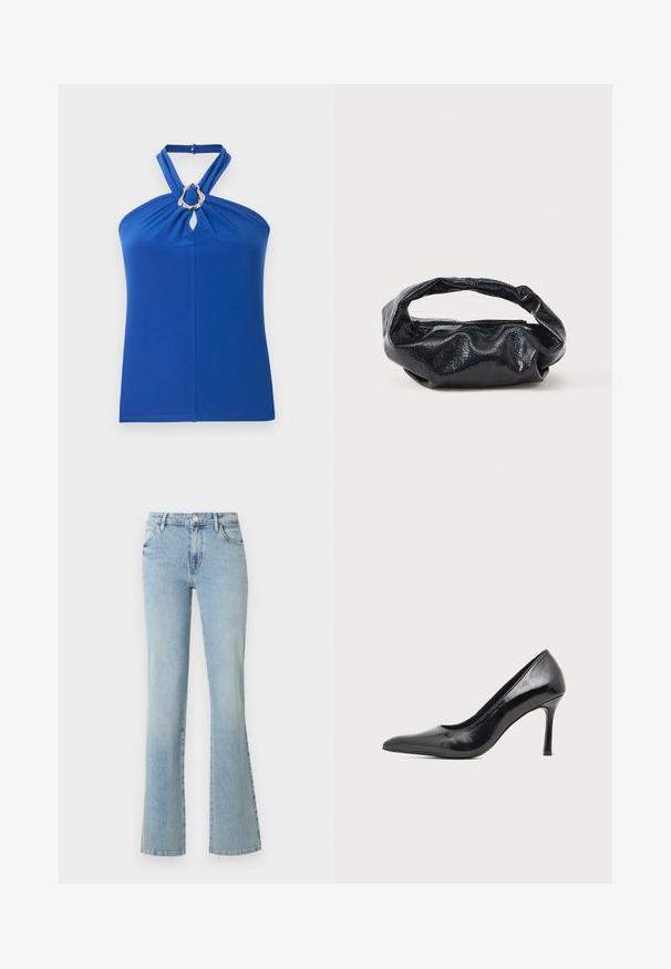 Haut licou bleu avec bretelles torsadées et détail anneau ovale argenté au niveau de l'encolure, en tissu lisse.; Jean bleu clair taille haute avec bouton et fermeture éclair à l'avant, deux poches avant et jambes droites légèrement évasées sur fond blanc.; Chaussure à talon haut pour femme en cuir verni noir avec bout pointu et talon fin sur fond clair uni.; Sac noir en matériau texturé et brillant avec une poignée circulaire torsadée et une fermeture éclair. Présente un design doux et froissé.
