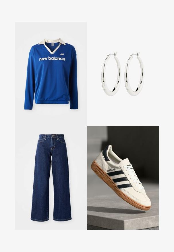Blauw sportshirt met lange mouwen, voorzien van een witte kraag, een mesh textuur en het 'new balance' logo in het wit over de borst.; Donkerblauwe wijde spijkerbroek van denim, met een knoop- en ritssluiting, riemlussen en klassieke vijf-pocketontwerp.; Witte suède sneakers met marineblauwe strepen, rubberen gumzool, gestructureerde bovenkant, ronde neus en veters; heeft branding aan de zijkant en op de tong.; Zilveren oorbellen in de vorm van een gladde, glanzende ring. Circulaire vorm, voorzien van een veilige sluiting. Eenvoudig en elegant ontwerp.