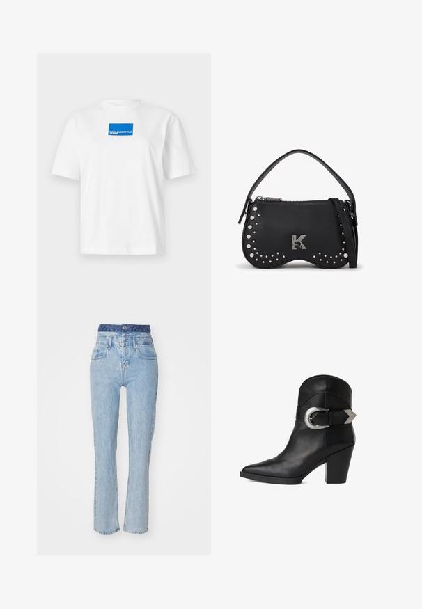 Camiseta de algodón blanca con mangas cortas y escote redondo. Logo rectangular azul centrado con el texto "KARL LAGERFELD JEANS".; Jeans de mezclilla azul claro con una cintura alta, piernas ligeramente acampanadas y una cinturilla de patrones azules. Presenta bolsillos frontales y un cierre de botón.; Botín de cuero negro hasta el tobillo con punta afilada, tacón grueso y una correa ancha con una hebilla circular de plata en el costado. Textura suave.; Bolso de mano de cuero negro con logo plateado. Presenta detalles con tachuelas y un cierre de cremallera. Incluye un asa corta y una correa desmontable.