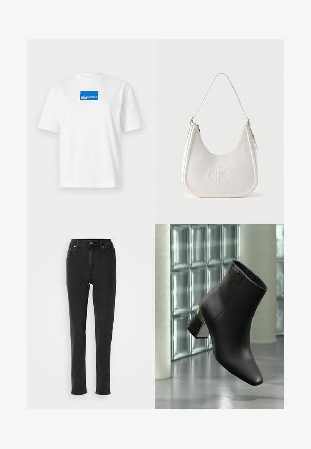 Weißes Baumwoll-T-Shirt mit kurzen Ärmeln und Rundhalsausschnitt. Zentrales blaues Rechteck-Logo mit dem Text "KARL LAGERFELD JEANS".; Schwarze, hoch taillierte Denim-Jeans mit schlanker Passform, ausgestattet mit Knopfverschluss, Gürtelschlaufen und kontrastierenden Nähten. Glatte Textur, keine sichtbaren Muster.; Schwarzer Leder-Stiefelette mit Blockabsatz, DKNY-Logo nahe oben, dargestellt vor einer Glasblockwand und poliertem Betonboden.; Weiße Leder-Umhängetasche mit Reißverschluss, geschwungener Form und erhabenem, auf der Vorderseite geprägtem CK-Logo.