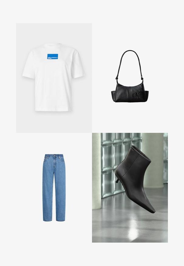 Valge puuvillane t-särk lühikeste varrukatega ja ümmarguse kaelusega. Keskel sinine ristkülikuline logo, millel on tekst "KARL LAGERFELD JEANS."; Sirged sinise teksapüksid kõrge vöökohaga, eesmine nööp ja taskud, valgel taustal.; Mustast nahast pahkluu saabas terava varbaotsaga ja väikese kontsaga, esitletud klaasplokkidest seina ja poleeritud põranda taustal.; Mustast nahast õlakott pika sangaga, küljetaskute ja esiküljele pressitud Calvin Kleini logoga.