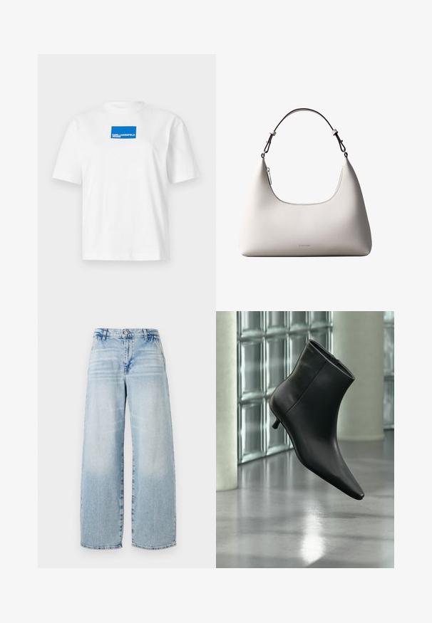 Hvid bomulds T-shirt med korte ærmer og rund hals. Centreret blåt rektangel logo med teksten "KARL LAGERFELD JEANS".; Lyseblå denim vidde jeans med høj talje, subtilt slid-effekt, rå kant og klassisk fem-lomme design.; Sort læderankelstøvle med spids tå og lav kitten-hæ, vist vinklet mod en poleret gulv- og glasblokvæg.; Cremefarvet skuldertaske i læder fra Calvin Klein med buet topkant, sølvfarvet lynlås og mørkebrun justerbar rem.