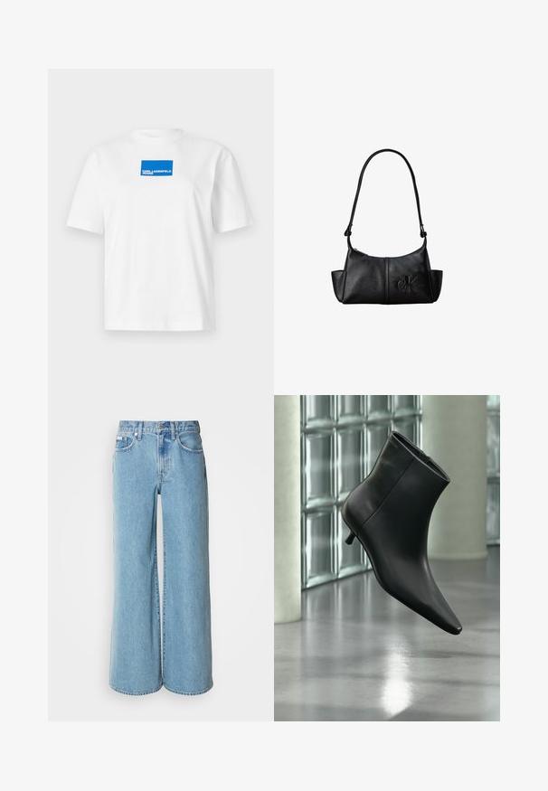 Witte katoenen T-shirt met korte mouwen en een ronde hals. Centraal geplaatst blauw rechthoekig logo met de tekst "KARL LAGERFELD JEANS".; Lichtblauwe wijde jeans van denim, met een hoge taille, vijf pockets en subtiele vervaging langs de stof.; Zwarte leren enkellaars met spits toelopende neus en lage kittenhak, schuin weergegeven tegen een gepolijste vloer en een glazen blokken muur als achtergrond.; Zwarte leren schoudertas met lange band, zijvakjes en een reliëflogo van Calvin Klein aan de voorkant.