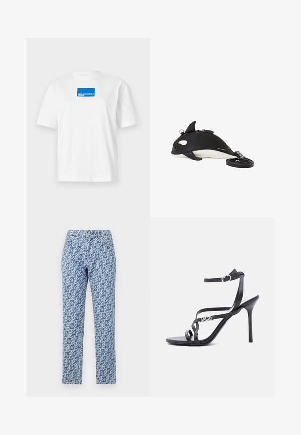 Biela bavlnená tričko s krátkymi rukávmi a okrúhlym výstrihom. Centrum má modrý obdĺžnikový logotyp s textom "KARL LAGERFELD JEANS".; Svetlomodré denimové džínsy so geometrickým bielym vzorom, rovný strih, zapínanie na gombík a päť vreciek.; Čierna sandále na vysokom podpätku s tenkými remienkami, prackou na členku a kovovým logom na bočnom remienku, na bielom pozadí.; Čierno-biela taška cez rameno v tvare kosatky so zipsovým uzáverom, malými plutvovitými detailmi a odnímateľným popruhom stočeným vedľa nej.
