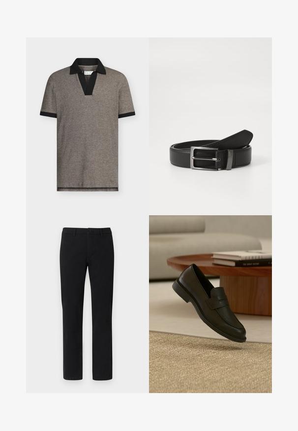 Polo en tejido gris texturizado con cuello y puños de manga en negro. Presenta un diseño de cuello en V, mangas cortas y un dobladillo recto.; Pantalones chinos negros con diseño de pierna recta, fabricados con una mezcla suave de algodón, que cuentan con trabillas para cinturón y cierre frontal de botón.; Zapato mocasín de cuero negro mostrado en el aire sobre una alfombra beige tejida, con una mesa de madera y libros apilados en una sala de estar con luz suave.; Cinturón de cuero negro con hebilla de metal plateada, que presenta un acabado suave y un diseño clásico. El cinturón está neatly doblado.
