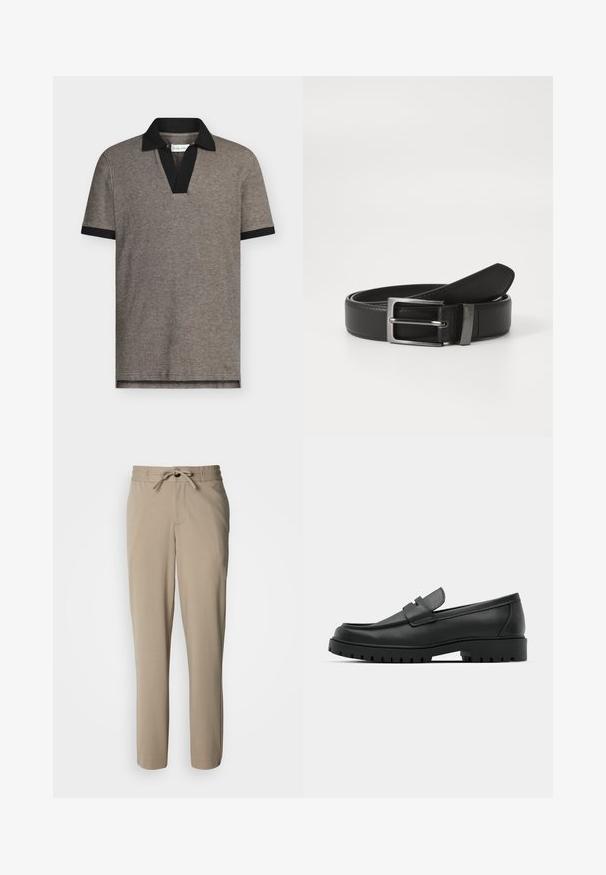 Polo en tejido gris texturizado con cuello y puños de manga en negro. Presenta un diseño de cuello en V, mangas cortas y un dobladillo recto.; Pantalones beige confeccionados con un tejido suave, que cuentan con cintura ajustable con cordón y un corte relajado, con piernas rectas y sin bolsillos visibles.; Mocasines de cuero negro con punta redonda, que cuentan con un diseño cosido, suela de plataforma baja y una suela de goma texturada y con tacos.; Cinturón de cuero negro con hebilla de metal plateada, que presenta un acabado suave y un diseño clásico. El cinturón está neatly doblado.