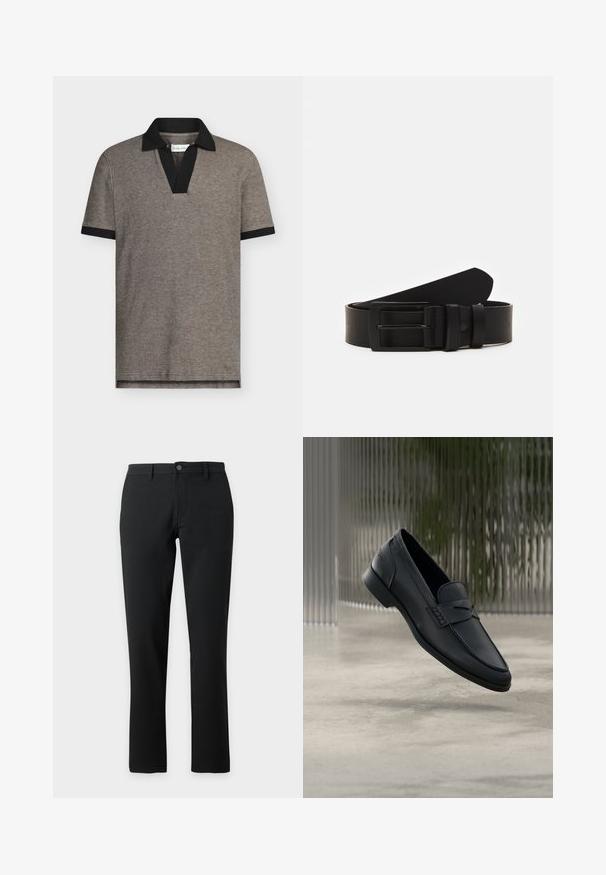 Polo en tejido gris texturizado con cuello y puños de manga en negro. Presenta un diseño de cuello en V, mangas cortas y un dobladillo recto.; Pantalones negros de corte recto con trabillas para cinturón, cierre delantero con botón y cremallera, mostrados sobre un fondo claro y liso.; Zapato tipo mocasín de cuero negro con acabado liso, punta puntiaguda y detalles cosidos en la pala. Tacón bajo y diseño minimalista.; Cinturón de cuero negro enrollado con una hebilla metálica rectangular negra mate y dos trabillas sobre un fondo blanco.