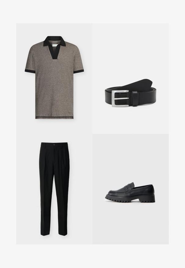 Polo en tejido gris texturizado con cuello y puños de manga en negro. Presenta un diseño de cuello en V, mangas cortas y un dobladillo recto.; Pantalones negros a medida de talle alto con trabillas para cinturón, pinzas delanteras, bolsillos laterales y cierre de botón y cremallera.; Mocasines de cuero negro con punta redondeada, que presentan una correa decorativa y una suela de goma gruesa con surcos profundos para mayor tracción.; Cinturón de cuero negro con una textura lisa, hebilla rectangular de plata y un lazo para el extremo. Presenta una costura ordenada a lo largo de los bordes.