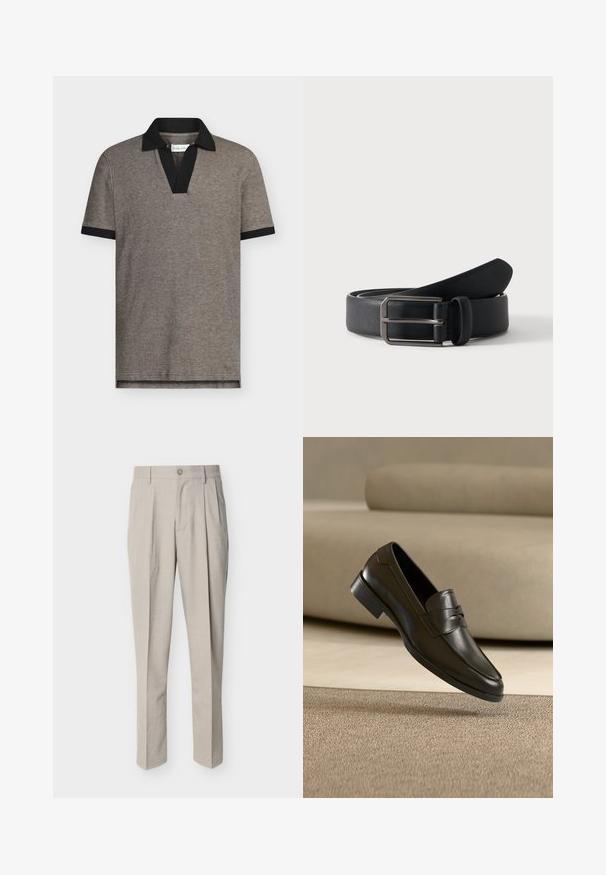 Polo en tejido gris texturizado con cuello y puños de manga en negro. Presenta un diseño de cuello en V, mangas cortas y un dobladillo recto.; Pantalones beige a medida para hombre con pinzas delanteras, trabillas para cinturón, cierre de botones y corte recto, sobre fondo blanco.; Zapato mocasín de cuero negro flotando sobre una alfombra beige con un sofá beige en el fondo, mostrando el diseño clásico para hombres sin cordones.; Cinturón de cuero negro enrollado con hebilla rectangular de metal plateado sobre un fondo claro y sencillo.