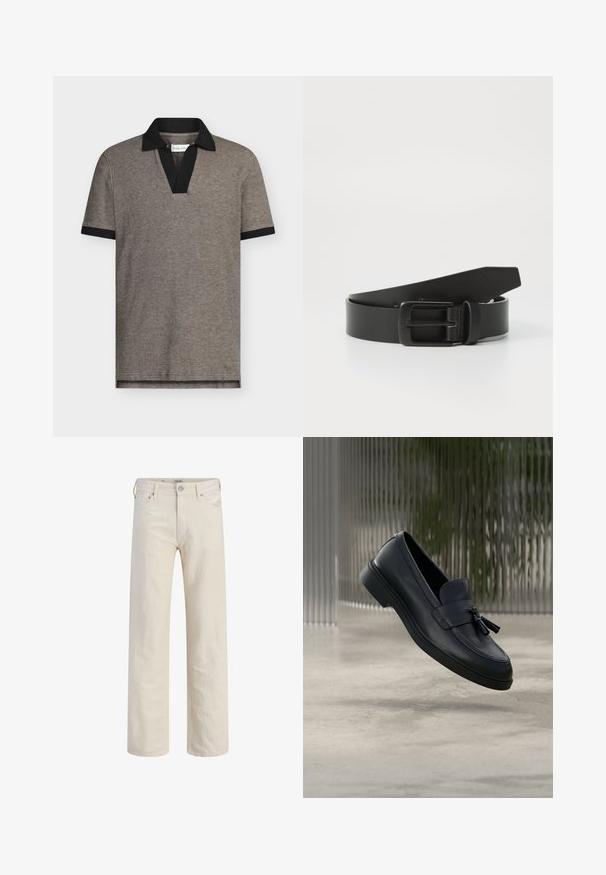 Polo en tejido gris texturizado con cuello y puños de manga en negro. Presenta un diseño de cuello en V, mangas cortas y un dobladillo recto.; Vaqueros rectos de color blanco roto con bolsillos delanteros, trabillas para cinturón, cierre de botón y cremallera.; Mocasines de cuero negro con textura suave, punta redondeada y borlas decorativas en el frente. Suela de goma flexible con tacón bajo.; Cinturón de cuero negro con hebilla metálica negra mate, que presenta una textura suave y un diseño sencillo. Longitud ajustable con un extremo cónico.