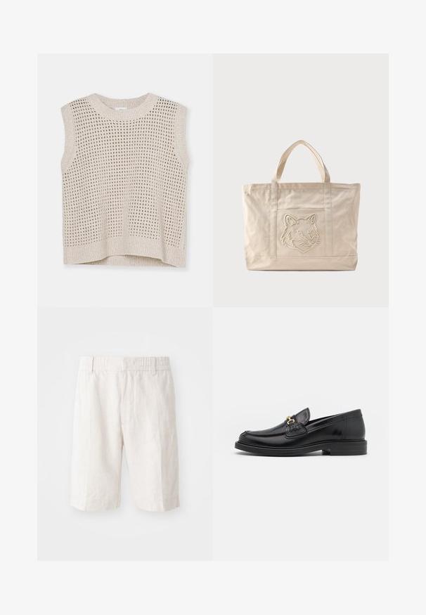 Débardeur en tricot sans manches de couleur beige clair avec un motif en maille ouverte, col rond et ourlet côtelé. Texture douce ; design décontracté adapté aux superpositions.; Shorts en lin beige clair avec une taille élastique, poches latérales et une coupe droite. Texture lisse avec des coutures minimales visibles.; Mocassins en cuir noir avec un embout rond, présentant des accents en métal doré et des détails de couture, montés sur une semelle en caoutchouc texturé et basse.; Sac fourre-tout en toile beige avec doubles anses et un motif en relief de tête de loup sur la poche avant.