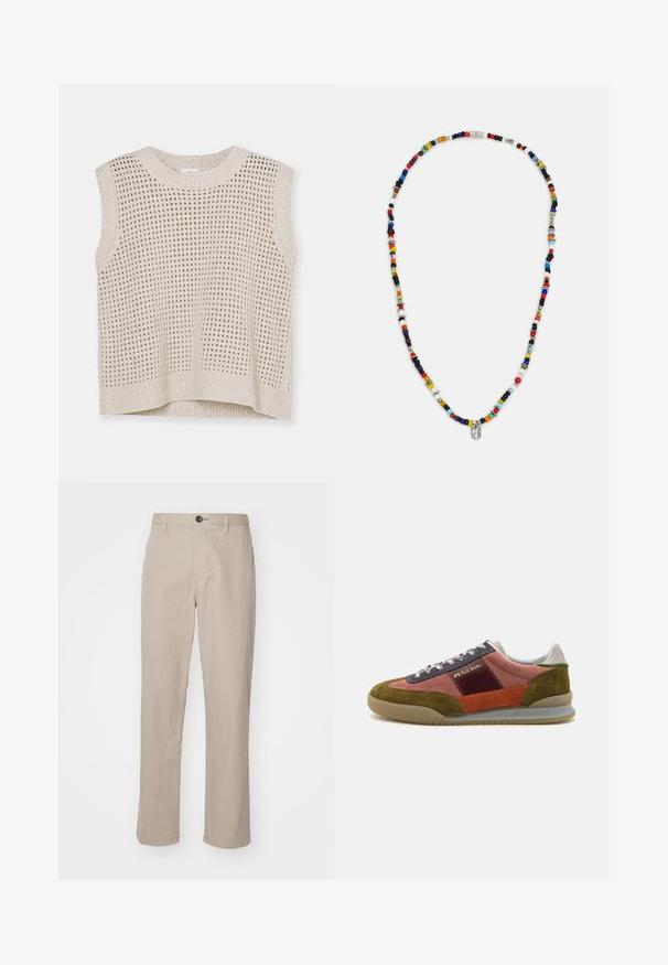 Top sin mangas de punto en beige claro con patrón de tejido abierto, cuello redondo y ribete acanalado. Textura suave; diseño casual adecuado para superponer.; Pantalones rectos beige en tejido ligero, con cierre de botón y detalles de costura sutiles. Frente plano con bolsillos laterales.; PS Paul Smith DOVER - Zapatillas - pink; Collar de cuentas coloridas con formas y tamaños variados, con acentos metálicos y pequeños charms decorativos. Predominantemente multicolor.