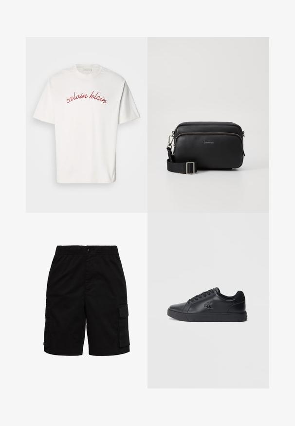 Hvid bomulds t-shirt med korteærmer, der har buet rød broderet tekst "calvin klein" tværs over brystet. Klassisk crew neck design.; Sorte cargoshorts med elastisk linning, knaplukning og frontlommer med klap på begge sider.; Sorte lædersneakers med snørebånd, gummisål og præget logo på siden, der har en glat tekstur og minimalistisk stil.; Sort læder crossbody taske med to lynlåslommer, struktureret overflade, justerbar rem og sølvhardware detaljer. Calvin Klein-logoet er vist.