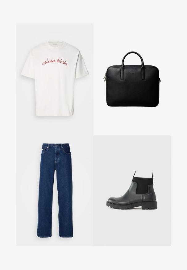 Witte katoenen t-shirt met korte mouwen, met gebogen rode geborduurde tekst "calvin klein" over de borst. Klassiek ontwerp met ronde hals.; Donkerblauwe denim jeans met een wijdbeen ontwerp, voorzien van een knoopsluiting en klassieke vijf-pocket styling. De stof heeft een gladde textuur.; Zwarte enkelboots van rubber met een matte afwerking, voorzien van een slank ontwerp, elastische panelen en een chunky zool voor grip.; Zwarte gestructureerde leren aktetas met dubbele handvatten en zilveren ritstrekkers, gecentreerd op een witte achtergrond.