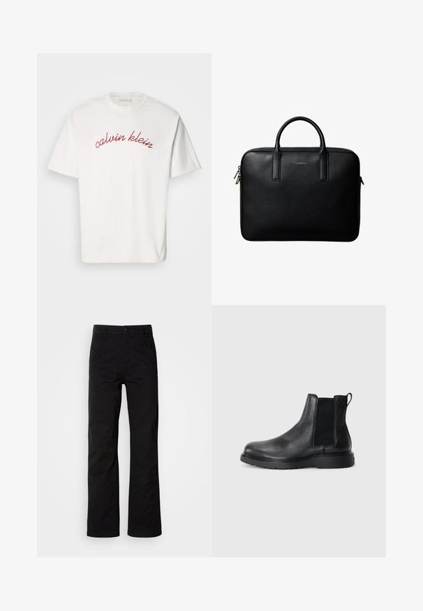 Hvid bomulds t-shirt med korteærmer, der har buet rød broderet tekst "calvin klein" tværs over brystet. Klassisk crew neck design.; Sort bomuldsbukser med lige ben, der har knaplukning og bæltestropper. Glat tekstur og minimalistisk stil uden synlige mønstre.; Sorte læder chelsea støvler med tekstureret finish, elastiske sidepaneler og en robust gummisål. Subtil branding på hælen.; Sort tekstureret lædermappe med dobbelte håndtag og sølv lynlås, centreret på hvid baggrund.