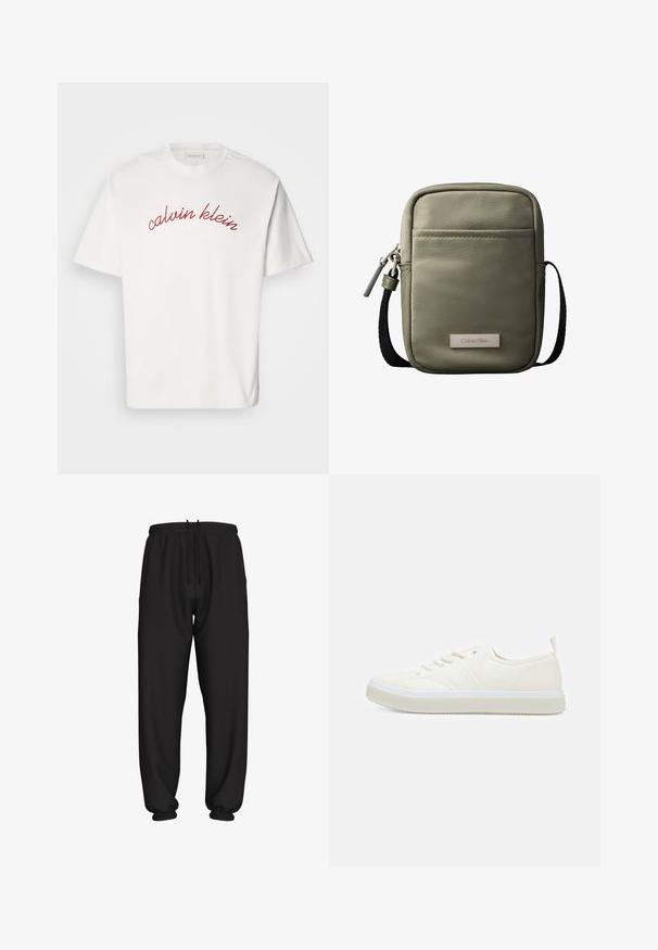 Weißes Baumwoll-T-Shirt mit kurzen Ärmeln, das mit kurvenförmigem, rotem gesticktem Text "calvin klein" auf der Brust versehen ist. Klassisches Rundhals-Design.; Schwarze locker sitzende Jogginghose mit elastischem Bund und Bündchen, mit verstellbarem Kordelzug in der Taille.; Calvin Klein TOP LACE UP UNIFIT - Sneaker low - salt bay; Kompakte olivgrüne Umhängetasche mit Vordertasche, schwarzem verstellbarem Riemen, Reißverschluss und Calvin Klein Logo-Plakette.