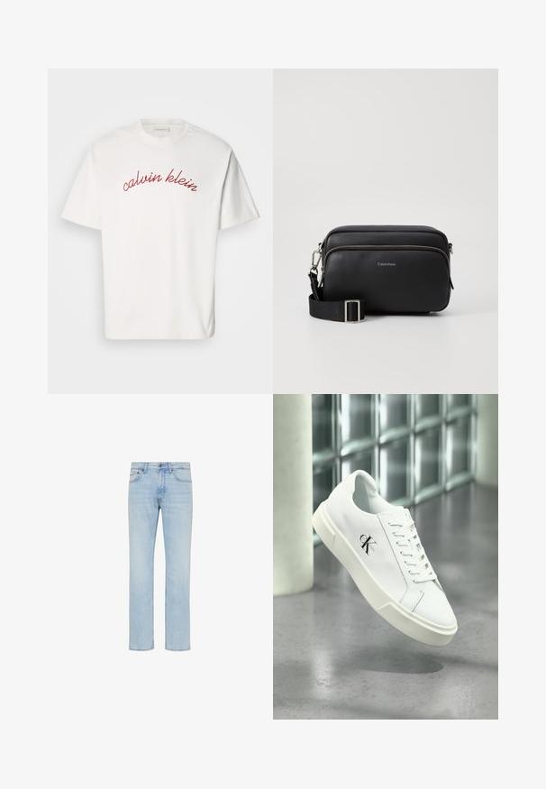 Hvid bomulds t-shirt med korteærmer, der har buet rød broderet tekst "calvin klein" tværs over brystet. Klassisk crew neck design.; Lyseblå straight-leg jeans i denim med forreste knap, lynlås og design med fem lommer vist på hvid baggrund.; Hvid Calvin Klein sneaker med snørebånd, vist svævende over en poleret betongulv og en baggrund af glasblokke.; Sort læder crossbody taske med to lynlåslommer, struktureret overflade, justerbar rem og sølvhardware detaljer. Calvin Klein-logoet er vist.