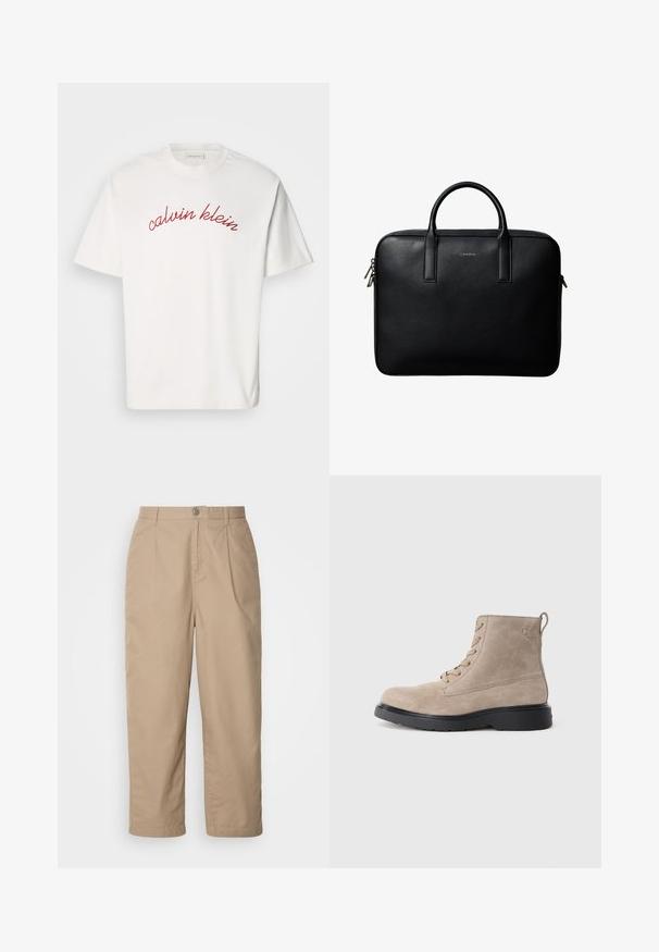 Hvid bomulds t-shirt med korteærmer, der har buet rød broderet tekst "calvin klein" tværs over brystet. Klassisk crew neck design.; Beige, lette bomuldsbukser med plisset front, knaplukning og lige ben, der har en glat tekstur og ingen synlige mønstre.; Beige ruskindsankelstøvler med sort gummisål, snørelukning og et lille logo præget på siden, med en løftestrop bagpå.; Sort tekstureret lædermappe med dobbelte håndtag og sølv lynlås, centreret på hvid baggrund.
