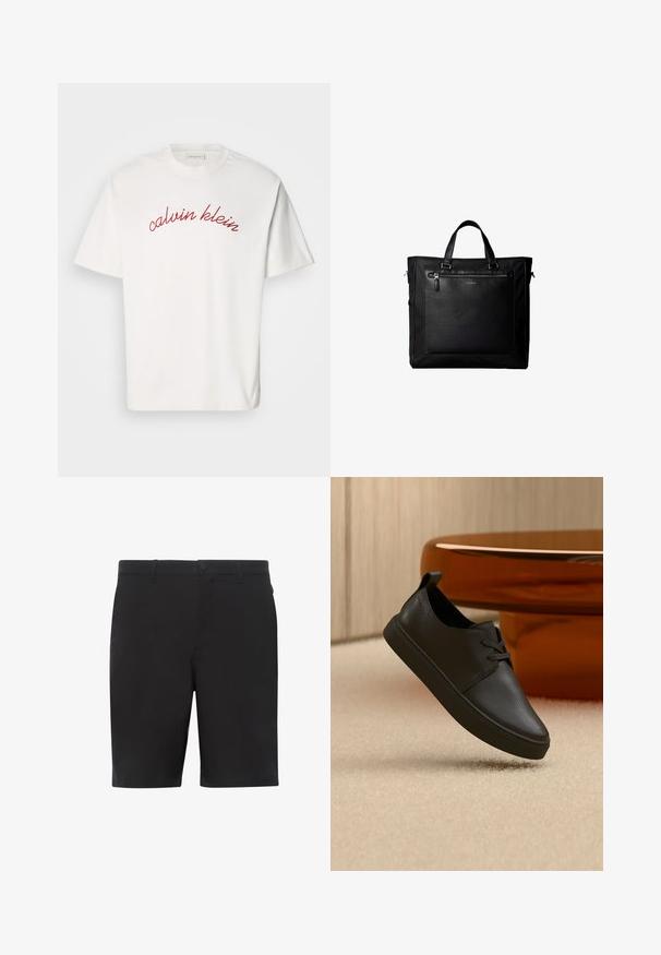 Witte katoenen t-shirt met korte mouwen, met gebogen rode geborduurde tekst "calvin klein" over de borst. Klassiek ontwerp met ronde hals.; Zwarte shorts gemaakt van lichtgewicht stof, met een vlakke voorkant, standaard tailleband en zijzakken. Soepele textuur zonder zichtbare patronen.; Zwarte leren casual sneaker met veters, zwevend boven een beige tapijt, met een amberen glazen ronde tafel op de achtergrond.; Zwarte tote bag met dubbele handvatten, grote voorste leren zak met ritssluiting en subtiel Calvin Klein-logo in het midden van de zak.