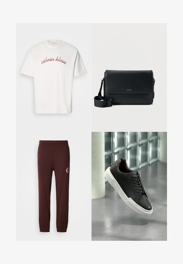 Hvid bomulds t-shirt med korteærmer, der har buet rød broderet tekst "calvin klein" tværs over brystet. Klassisk crew neck design.; Bordeaux joggers lavet af blødt bomuld, med en elastisk talje, manchetter ved anklerne og et diskret logo trykt på venstre ben.; Sort lædersneaker med tyk hvid sål, sorte snørebånd, svævende over en grå beton gulv nær en væg med glasblokke.; Sort læder messenger taske med tekstureret finish, justerbar rem og en frontklap med et diskret logo. Kompakt og rektangulær form.