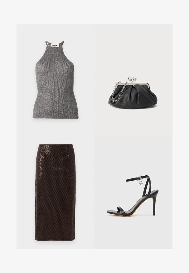Top halter gris en textile côtelé, présentant une silhouette ajustée et un col montant avec des côtés ouverts. Étiquette de la marque visible au niveau du cou.; Jupe crayon en sequins marron foncé avec une taille haute et un motif en diamant subtil, présentée sur un fond blanc uni.; Sandale à talon haut noire avec une bride étroite à la cheville, bout carré, cuir lisse et accent de boucle métallique.; Porte-monnaie en cuir noir avec texture froncée, cadre en métal argenté, fermeture à verrouillage kiss-lock et bandoulière en chaîne. Surface lisse et douce.