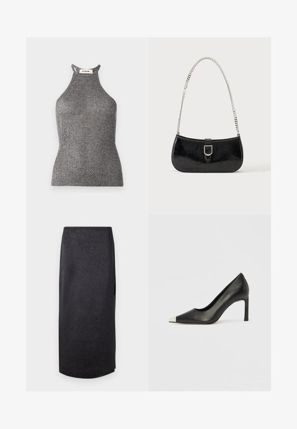 Top halter gris en textile côtelé, présentant une silhouette ajustée et un col montant avec des côtés ouverts. Étiquette de la marque visible au niveau du cou.; Jupe noire mi-longue avec une texture froissée, coupe droite et fente sur le côté. Le tissu semble léger. L'ourlet est légèrement arrondi.; Chaussure à talon haut en cuir noir avec bout pointu et capuchon argenté métallique. Présente une finition lisse et un talon fin de 10 cm.; Sac à épaule en cuir verni noir avec détail de boucle argentée et bandoulière en chaîne argentée, présenté sur un fond uni clair.