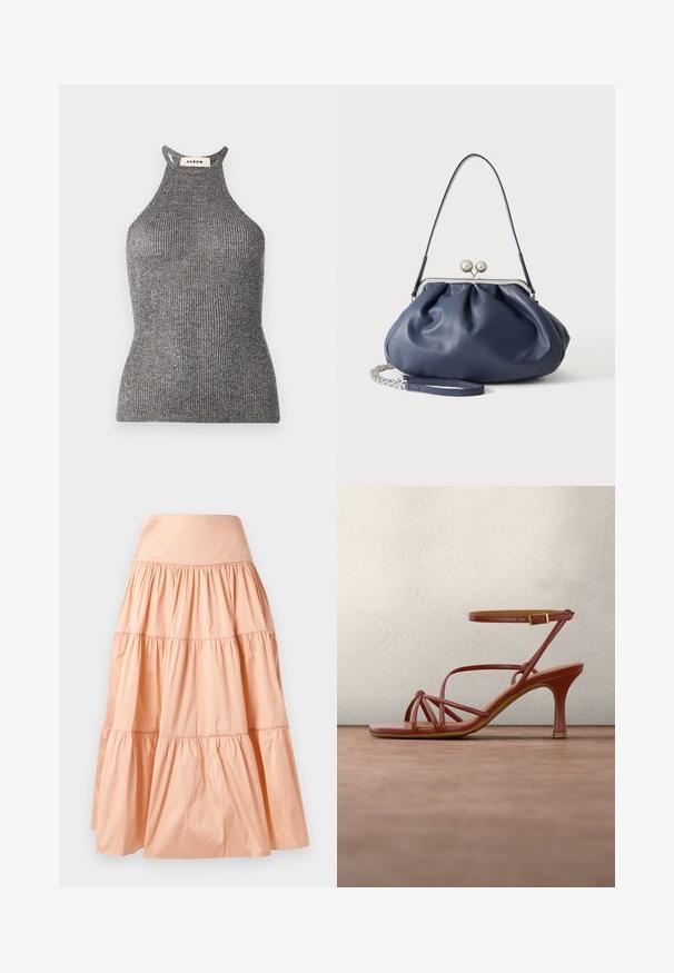 Šedý halter top vyrobený z rebrovanej textílie, s priliehavým strihom a vysokým výstrihom s otvorenými bokmi. Značka viditeľná na krku.; Sukňa v broskyňovej farbe na viacúrovniach vyrobená z ľahkého materiálu. Má široký pás a jemnú textúru s nariasením po celej ploche.; Hnedá sandála na vysokom opätku s remienkami a prackou okolo členka, ktorá pláva nad sivou betónovou podlahou a rozmazaným skleneným pozadím.; Mäkká námornícky modrá kožená kabelka so strieborným zapínaním, jedným ramenným popruhom a odnímateľným reťazovým náramkom na bielom pozadí.
