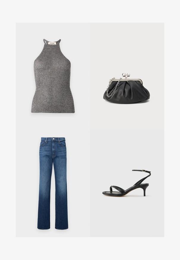 Grå halterneck top lavet af ribbet tekstil, med en tætsiddende silhuet og høj halsudskæring med åbne sider. Mærket er synligt ved halsen.; Denim jeans i mørkeblå, med høj talje, lige ben, knaplukning og subtilt slid nær knæene.; Sort damesandal i læder med tynde remme, en tå-loop, ankelspænde og en mellemhøj stiletthæl på en neutral baggrund.; Sort læder clutch med samlet tekstur, sølvfarvet metalramme, kys-lås lukning og kædestrop. Glat, blød overflade.