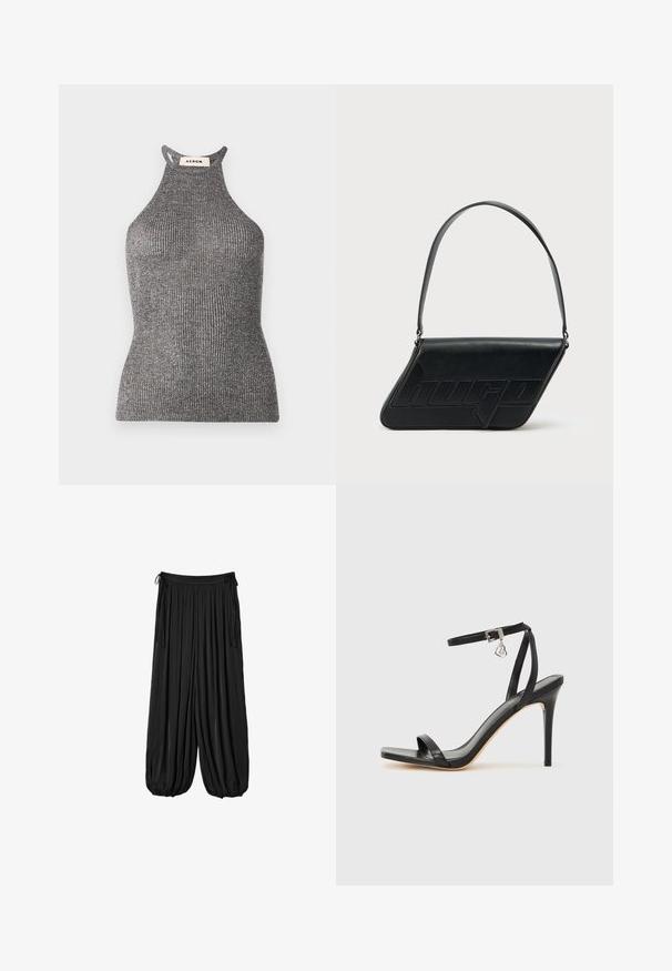 Top halter gris en textile côtelé, présentant une silhouette ajustée et un col montant avec des côtés ouverts. Étiquette de la marque visible au niveau du cou.; Pantalon noir ample avec poignets élastiques froncés et liens à la taille, en tissu léger et fluide.; Sandale à talon haut noire avec une bride étroite à la cheville, bout carré, cuir lisse et accent de boucle métallique.; Sac d'épaule en cuir noir de forme triangulaire, avec un logo embossé et une seule bandoulière réglable. Design minimaliste avec une texture lisse.