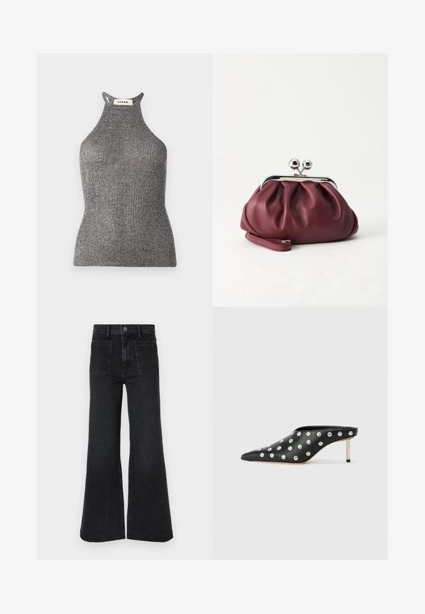 Šedý halter top vyrobený z rebrovanej textílie, s priliehavým strihom a vysokým výstrihom s otvorenými bokmi. Značka viditeľná na krku.; Čierne džínsy s vysokým pásom, rozšíreným strihom, očkami na opasok, predným zapínaním na gombíky, zipsom a dvoma veľkými nášivkovými vreckami vpredu na bielom pozadí.; STAND STUDIO KELSEY - Šľapky na opätku - black; Malá bordová kožená kabelka so strieborným kovovým zapínaním a remienkom na zápästie na bielom pozadí.