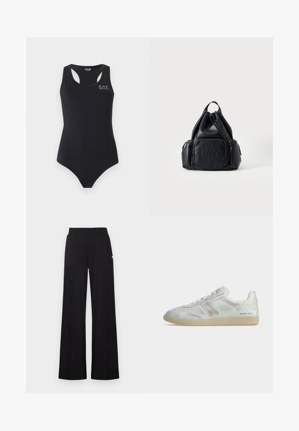 Maillot de bain une pièce noir sans manches avec dos nageur et logo blanc EA7 Emporio Armani sur la poitrine.; Pantalon noir à jambes larges avec une taille ajustée, réalisé dans un tissu lisse. Comprend des poches latérales discrètes et des accents matériels minimalistes.; Baskets basses blanches avec semelle beige, fermeture à lacets sur le devant, petits plis subtils et logo "MICHAEL KORS" près du talon côté extérieur.; Sac à dos en cuir noir avec cordon, poches zippées à l'avant et sur le côté, avec logo "EA7 Emporio Armani" embossé sur la poche avant.