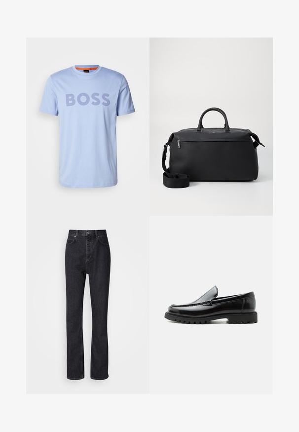 Camiseta de algodón azul claro con cuello redondo y mangas cortas, que presenta la palabra "BOSS" destacada en letras gruesas de color púrpura oscuro.; Jeans de mezclilla negros de cintura alta con cierre de botón y cremallera, bolsillos frontales y traseros, y corte recto.; Mocasín de cuero negro con suela de goma gruesa, empeine cosido y nombre de la marca en relieve en el talón, mostrado en perfil lateral sobre fondo blanco.; Bolsa de viaje de cuero negro con dos asas superiores, una correa de hombro desmontable y un bolsillo frontal con cremallera para almacenamiento adicional.