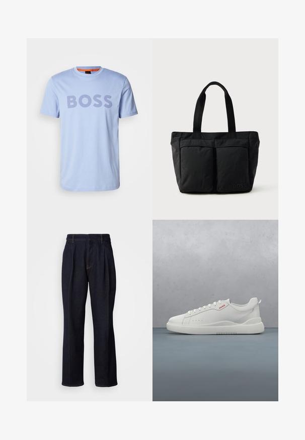 Camiseta de algodón azul claro con cuello redondo y mangas cortas, que presenta la palabra "BOSS" destacada en letras gruesas de color púrpura oscuro.; Jeans de mezclilla de pierna ancha en un tono azul oscuro, con pliegues frontales y costuras naranjas, presentados sobre fondo blanco.; Zapatilla blanca con un acabado de cuero liso, punta redonda, cuatro ojales, perforaciones sutiles y un detalle de logo rojo en el lateral.; Bolso tote negro con una construcción de tela suave, dos bolsillos frontales y asas resistentes. Logo mostrado en el lateral. Diseño simple y funcional.