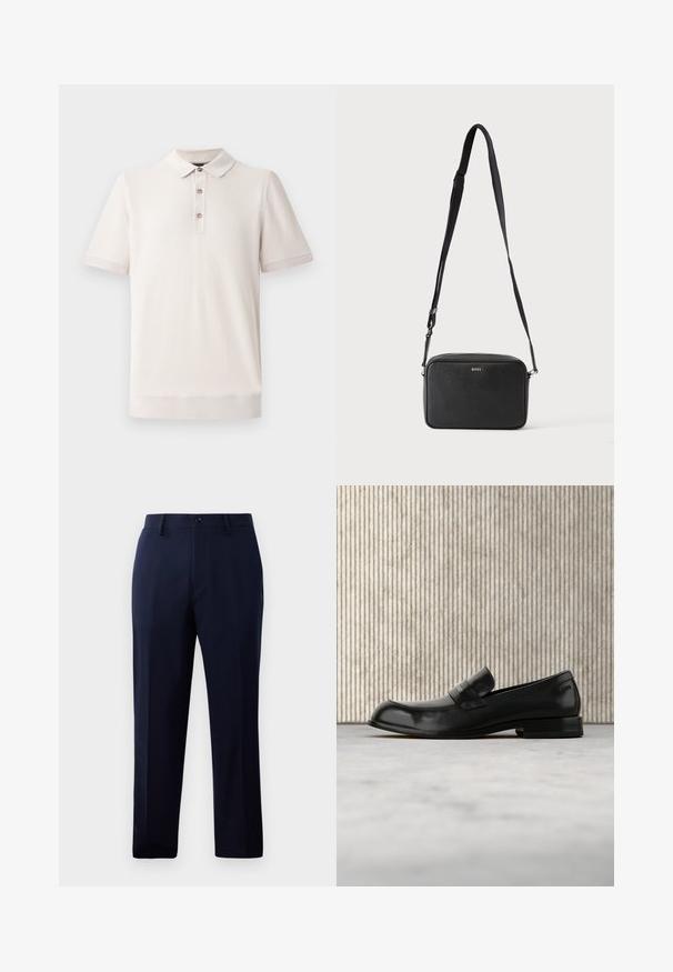 Kortærmet polo-shirt i lys beige, tekstureret materiale med krave og tre knaplukninger; ribbede detaljer ved ærmer og kant.; Marinebukser lavet af glat stof, der har et klassisk lige ben-design, forlommer og en knaplukning i livet.; Sort læderloafer med metalaccent, vist svævende over et beige tæppe, med et rundt, ravfarvet bord i baggrunden.; Sort rektangulær crossbody taske med justerbar rem og BOSS-logo foran, sat mod en ensfarvet lys baggrund.