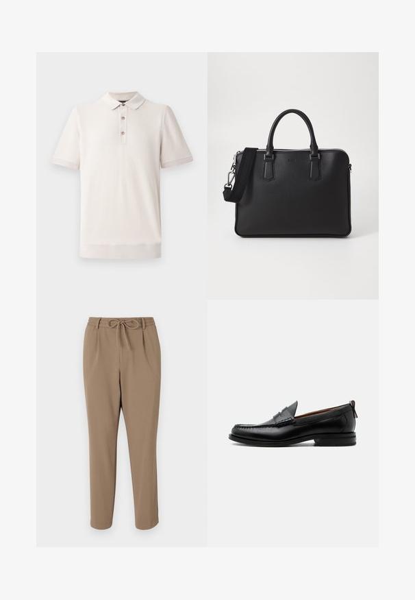 Kortærmet polo-shirt i lys beige, tekstureret materiale med krave og tre knaplukninger; ribbede detaljer ved ærmer og kant.; Beige tapered bukser med snor i taljen, sidelommer og en glat tekstur. Ingen synlige mønstre eller yderligere accenter.; Sort læder herre loafer med moc-tå syning, penny strop, struktureret krave og lav stablet hæl på hvid baggrund.; Sort lædertaske med struktureret overflade, doble håndtag og en aftagelig skulderrem. Har sølvfarvede lynlåse og minimalistiske designelementer.