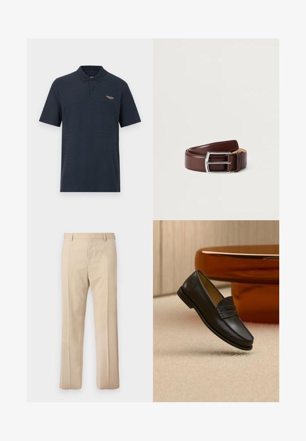 Polo bleu marine en tissu texturé, doté d'une patte de boutonnage à trois boutons et d'un logo embossé subtil sur la poitrine. Manches courtes.; Pantalon beige sur mesure avec passants pour ceinture, pli devant et fermeture éclair dissimulée, présenté sur un fond uni.; Chaussure mocassin en cuir noir suspendue au-dessus d’un tapis beige avec du mobilier moderne couleur ambre en arrière-plan.; Ceinture en cuir marron avec une boucle rectangulaire en argent brillant, présentant une texture lisse et des coutures propres tout au long des bords.