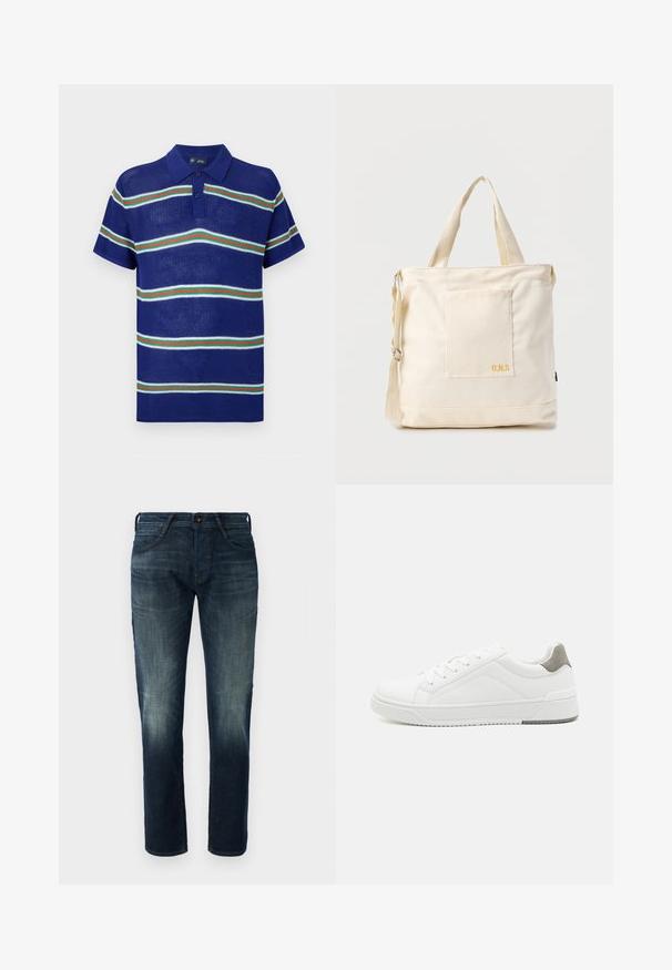 Blå strikket polo t-shirt med korte ærmer, med vandrette striber i hvid, grøn og rød samt en tre-knaps placket.; Mørkeblå lige ben denim jeans med let fading på lårene og knæene, frontknap og lynlås lukning, samt fem-lomme stil.; Hvid sneaker lavet af glat læder, rund tå, minimalistisk design, grå hælafsats og tekstureret gummisål.; Kremfarvet lærredstote-taske med frontlomme, to håndtag, justerbar skulderrem og lille gul "O.N.S" tekst i nederste højre hjørne af lommen.