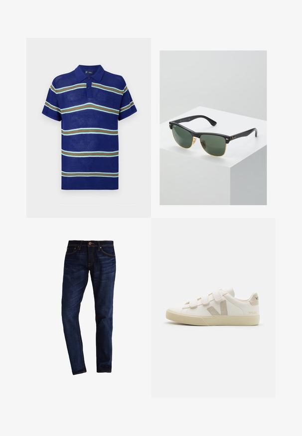 Blå strikket polo t-shirt med korte ærmer, med vandrette striber i hvid, grøn og rød samt en tre-knaps placket.; Mørkeblå denimjeans med slank pasform, der har orange syninger, fem lommer og lukning med knap og lynlås.; Hvide lædersneakers med Velcro-remme, beige accenter, rund tå, tekstureret gummisål og prægede logo. Minimalistisk design.; Ray-Ban solbriller med grønne linser, sorte plastikstel og gyldne detaljer ved kanterne. Firkantet form med mat finish.