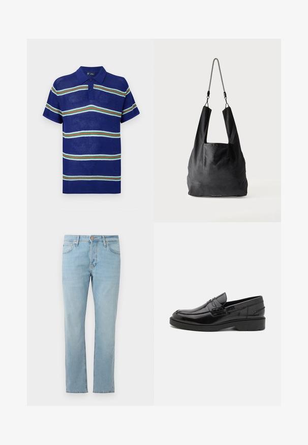 Blaues gestricktes Poloshirt mit kurzen Ärmeln, das horizontale Streifen in Weiß, Grün und Rot sowie eine Knopfleiste mit drei Knöpfen aufweist.; Hellblaue Jeans aus Denim mit geradem Schnitt, fünf Taschen und einem Knopfverschluss an der Taille, flach auf einem weißen Hintergrund ausgelegt.; Schwarze Lederloafers mit glatter Oberfläche, abgerundetem Zehenbereich, niedrigem Absatz und dekorativer Naht entlang der Vorderseite. Gummisohle für guten Halt.; Schwarze weiche Stofftragetasche mit breiten Griffen und einem dünnen schwarz-weißen geflochtenen Schulterriemen.