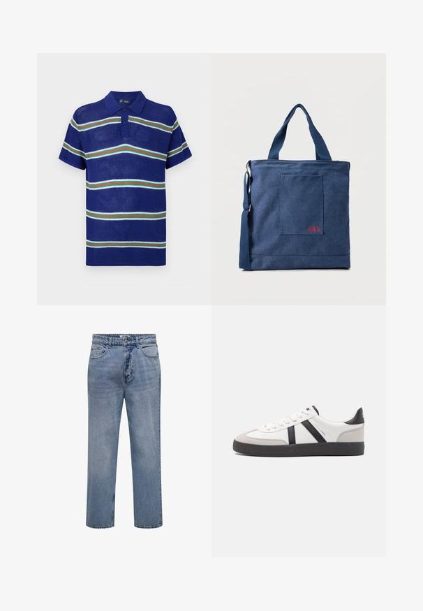 Blå strikket polo t-shirt med korte ærmer, med vandrette striber i hvid, grøn og rød samt en tre-knaps placket.; Lyseblå straight-leg denim jeans med knap- og lynlåslukning samt for- og baglommer.; Hvide sneakers med sorte og grå detaljer, med en tekstureret grå tåhætte, sort gummisål og flade hvide snørebånd. Rent design, minimalistisk stil.; Blå lærredstote taske med frontlomme og rød "O.N.S" broderi, med to håndtag og en justerbar skulderrem.