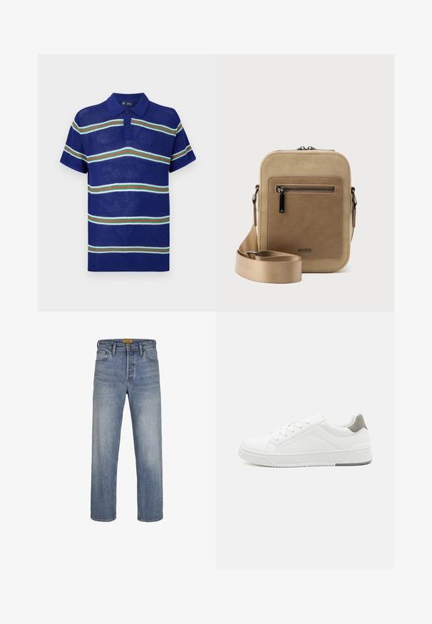 Blaues gestricktes Poloshirt mit kurzen Ärmeln, das horizontale Streifen in Weiß, Grün und Rot sowie eine Knopfleiste mit drei Knöpfen aufweist.; Himmelblaue Gerade-Jeans aus Denim mit einer gewaschenen Optik, fünf Taschen, Gürtelschlaufen und einem Reißverschluss mit Knopfverschluss.; Weißer Sneaker aus glattem Leder, runde Zehenpartie, minimalistisches Design, graue Fersenkante und strukturierte Gummisohle.; Kleine beige Umhängetasche mit vorderer Reißverschlusstasche, metallischem ALDO-Logo, verstellbarem breitem Riemen und abgerundeter rechteckiger Form vor weißem Hintergrund.
