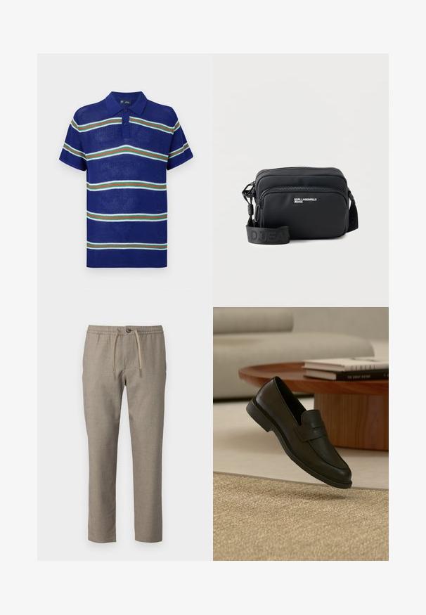 Polo de punto azul con mangas cortas, que presenta rayas horizontales en blanco, verde y rojo, con una tapeta de tres botones.; Pantalones beige con una cinturilla elástica, cierre de cordón y corte recto. El material tiene una textura sutil.; Zapato mocasín de cuero negro mostrado en el aire sobre una alfombra beige tejida, con una mesa de madera y libros apilados en una sala de estar con luz suave.; Bolso bandolera rectangular negro con dos compartimentos con cremallera, logo "KARL LAGERFELD JEANS" y correa ajustable de marca sobre fondo blanco.