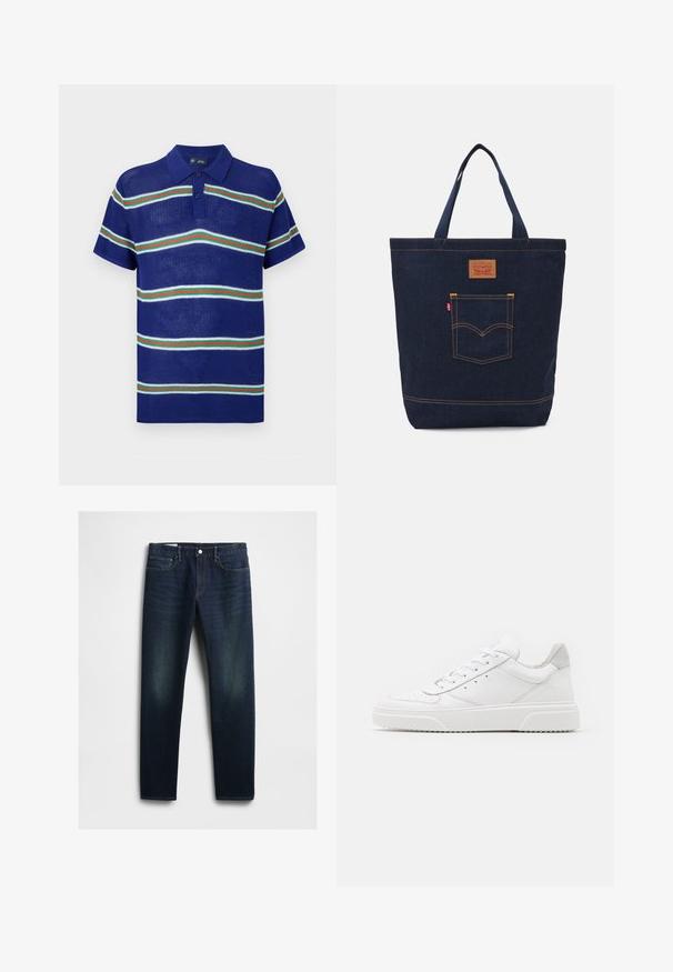 Blå strikket polo t-shirt med korte ærmer, med vandrette striber i hvid, grøn og rød samt en tre-knaps placket.; Mørkeblå denim jeans med lige snit, der har fem lommer, knaplukning og diskret slid på lårene. Klassisk syning.; Hvide lædersneakers med en glat finish, rund tå, flade snørebånd og en struktureret sål. Grå ruskindsdetalje ved hælen.; Mørkeblå denim tote bag med to håndtag, synlige sømme og en frontlomme med et klassisk logo-patch.