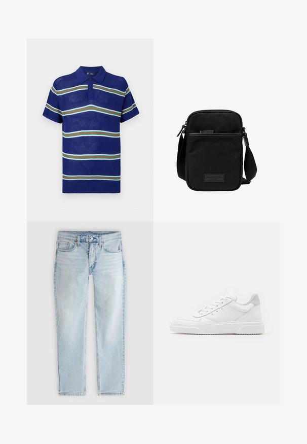 Blauw gebreid polo shirt met korte mouwen, voorzien van horizontale strepen in het wit, groen en rood met een drieknoopsluiting.; Lichtblauwe rechte jeans met knoop- en ritssluiting aan de voorkant, voor- en achterzakken en zichtbare stikseldetails.; Witte leren sneakers met een gladde afwerking, ronde neus, platte veters en een gestructureerde zool. Grijze suède accent bij de hiel.; Zwarte stoffen crossbody tas met een ritssluiting hoofdcompartiment, leren accenten, een voorkantvak en een verstelbare band. Marc O'Polo logo zichtbaar.