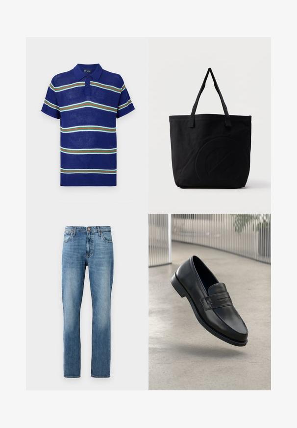 Blå strikket polo t-shirt med korte ærmer, med vandrette striber i hvid, grøn og rød samt en tre-knaps placket.; Blå lige ben denimjeans med fem lommer, knap- og lynlås-lukning, præsenteret mod en ensfarvet hvid baggrund.; Sort lædersko med glat tekstur, spids tå og en dekorativ rem over vristen. Letvægts sål, minimalistisk design.; Sort canvas-tote-taske med to skulderstropper og et diskret præget cirkeldesign på fronten.