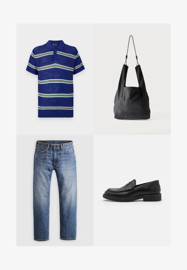 Blå strikket polo t-shirt med korte ærmer, med vandrette striber i hvid, grøn og rød samt en tre-knaps placket.; Stumpe ben blå denim jeans med en knap- og lynlåslukning, fem lommer og orange syninger på en lys grå baggrund.; Sorte læder loafers med en rund tå, tonale syninger og en stropdetalje foran. Gummisål med en lav hæl.; Sort blød stofnettaske med brede håndtag og en tynd sort-hvid flettet skulderrem.