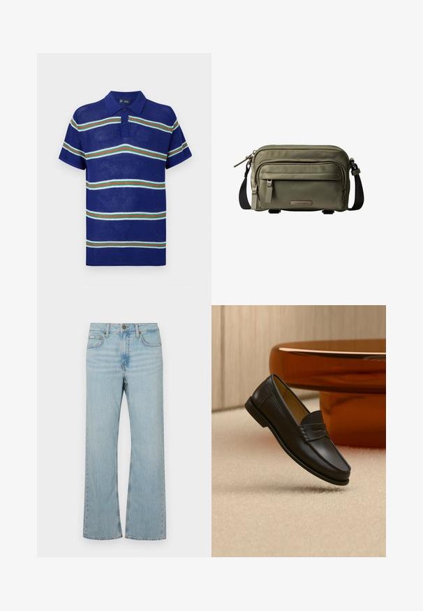 Blå strikket polo t-shirt med korte ærmer, med vandrette striber i hvid, grøn og rød samt en tre-knaps placket.; Lysblå denim flared jeans med en mellemhøj talje, fem lommer og kontrastsyning. Har en lynlåsåbning og metalknaplukning.; Sort læder loafer-sko hængende over beige tæppe med ravfarvet moderne møblement i baggrunden.; Olivengrøn Calvin Klein crossbody-taske med flere lynlåslommer og justerbar sort rem.