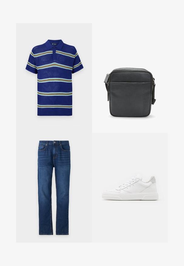 Blå strikket polo t-shirt med korte ærmer, med vandrette striber i hvid, grøn og rød samt en tre-knaps placket.; Pier One by Zalando Loose-jeans - dark blue denim; Hvide lædersneakers med en glat finish, rund tå, flade snørebånd og en struktureret sål. Grå ruskindsdetalje ved hælen.; Sort læder crossbody taske med en tekstureret finish, der har en top zip-lukning og en frontlomme med lynlås. Kompakt og kvadratisk design.