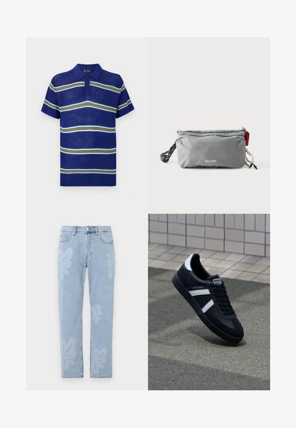 Blå strikket polo t-shirt med korte ærmer, med vandrette striber i hvid, grøn og rød samt en tre-knaps placket.; Lyseblå denimjeans med blomstertryk og lige ben. Standard talje med knaplukning og fem lommer.; Sort lædersneaker med hvide striber, tekstureret gummisål og snørrebånd foran. Har et brandet mærke på tungen.; Grå rektangulær pung med lynlåse, sort-hvidt tovshåndtag på den ene side og teksten "ONLY & SONS" foran i centrum.